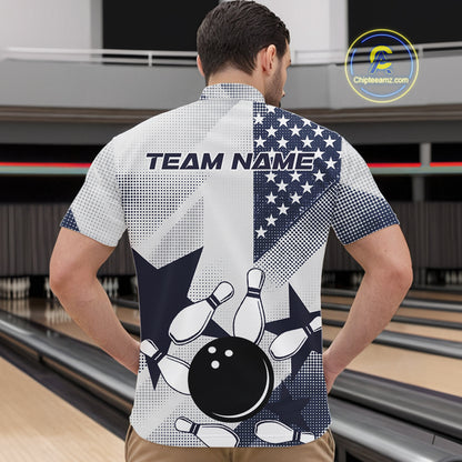 White and Blue American Flag Bowling shirts for Men Custom patriotic retro Bowling Team Jersey NQS10248