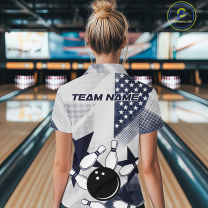 White and Blue American Flag Bowling shirts for Women Custom patriotic retro Bowling Team Jersey NQS10248