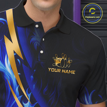 Personalized Bowling Polo, Quarter Zip Shirts for Men Custom Blue Flame and Gold Bowling Team Jersey NQS10446