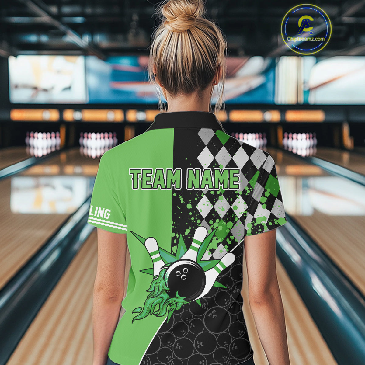 Custom Black and Green argyle pattern flame Bowling Team Jersey Bowling Polo, 1/4 Zip Shirt for Women NQS10450