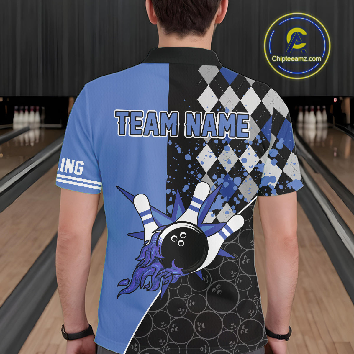 Custom Black and Blue argyle pattern flame Bowling Team Jerseys, Bowling Polo, 1/4 Zip Shirt for Men NQS10451