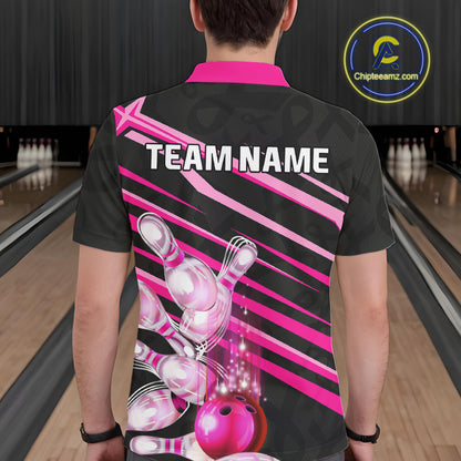 Pink and Black ribbon pattern Men Bowling Shirts Custom breast cancer awareness Team Bowling Jersey NQS10116
