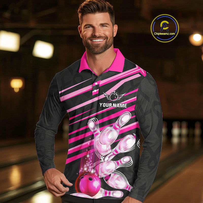 Pink and Black ribbon pattern Men Bowling Shirts Custom breast cancer awareness Team Bowling Jersey NQS10116