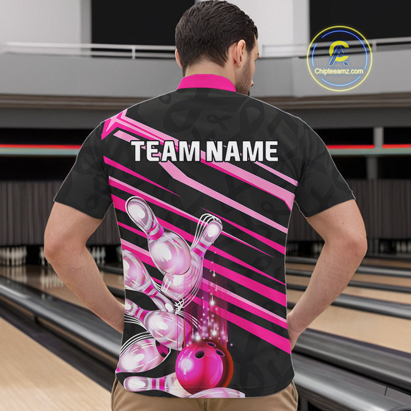 Pink and Black ribbon pattern Men Bowling Shirts Custom breast cancer awareness Team Bowling Jersey NQS10116
