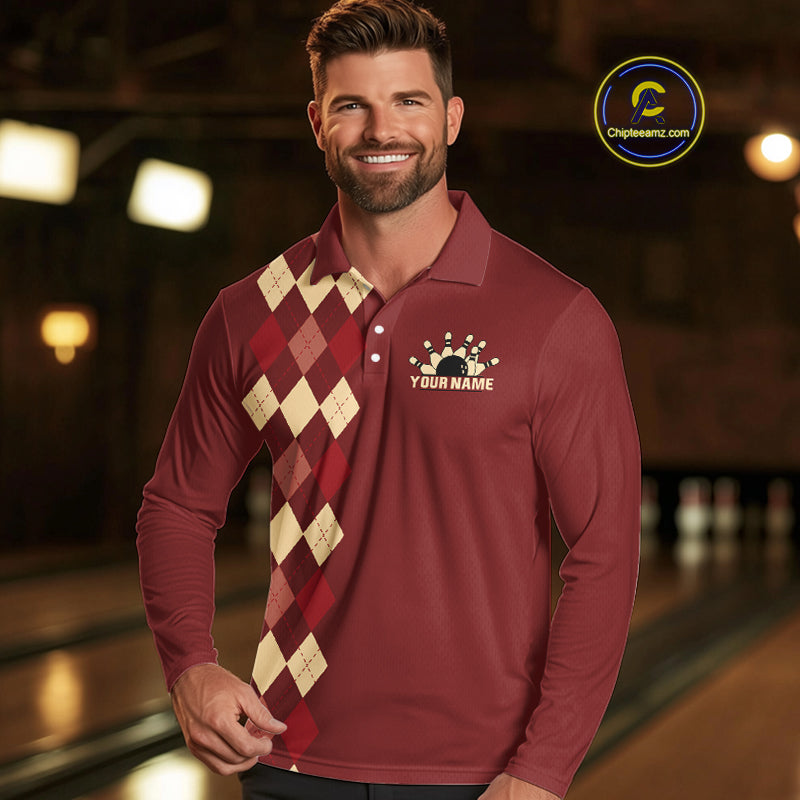 Red argyle pattern Bowling polo, 1/4 zip shirt for Men custom vintage bowling shirt, gift for bowlers NQS10255