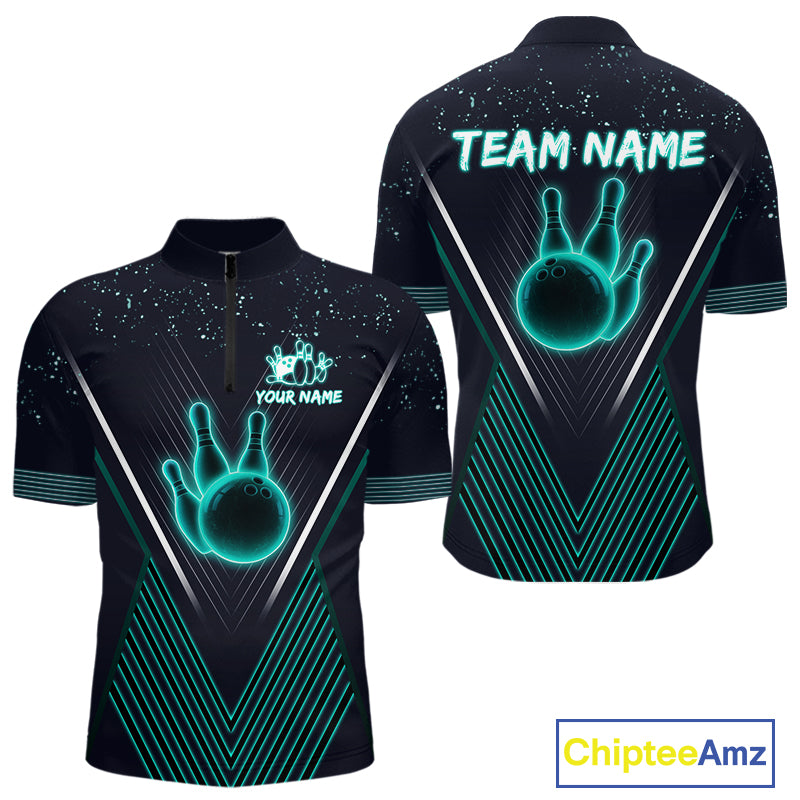 Bowling polo, quarter zip shirt for Men custom team bowling jersey, gift for bowlers | Turquoise NQS10256