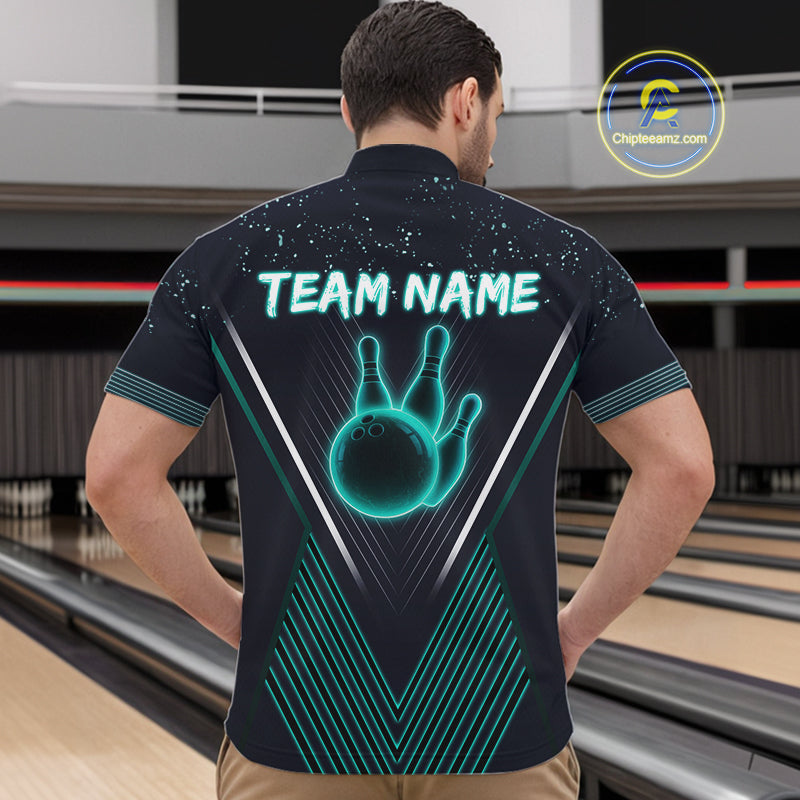 Bowling polo, quarter zip shirt for Men custom team bowling jersey, gift for bowlers | Turquoise NQS10256