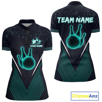 Bowling polo, quarter zip shirt for Women custom team bowling jersey, gift for bowlers | Turquoise NQS10256