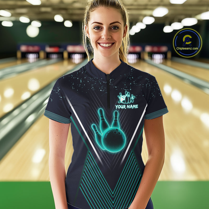 Bowling polo, quarter zip shirt for Women custom team bowling jersey, gift for bowlers | Turquoise NQS10256