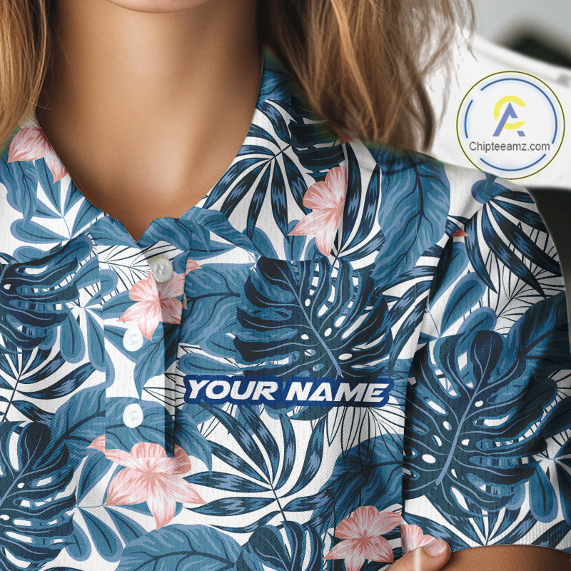 Blue tropical leaf pattern pink flower funny Golf polo shirts for Women Custom ladies golf outfits NQS10119