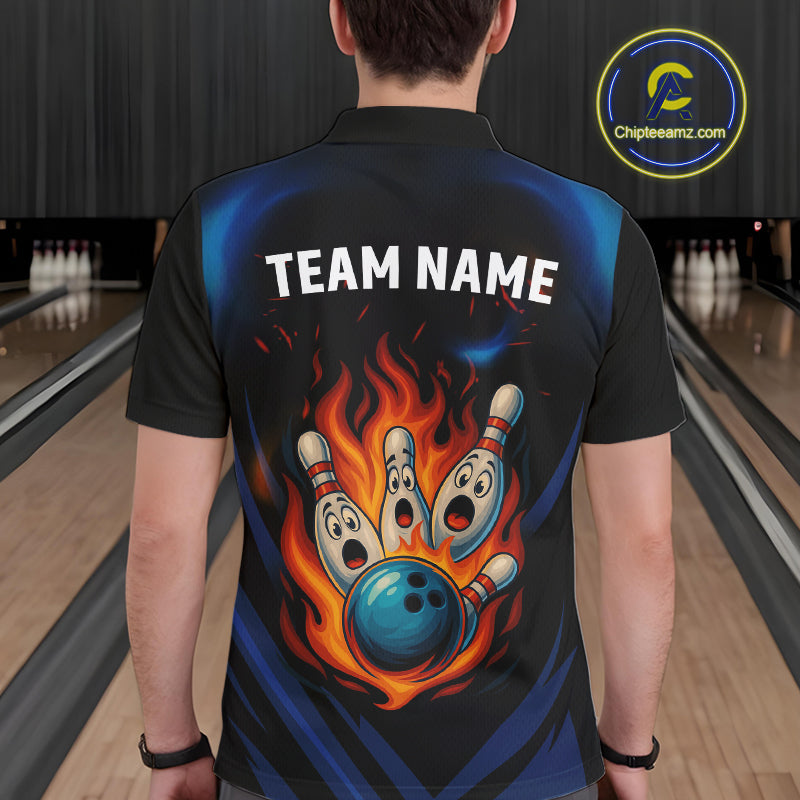 Blue and Black Flame Bowling shirts for Men custom funny bowling ball and pins team bowler jerseys NQS10260