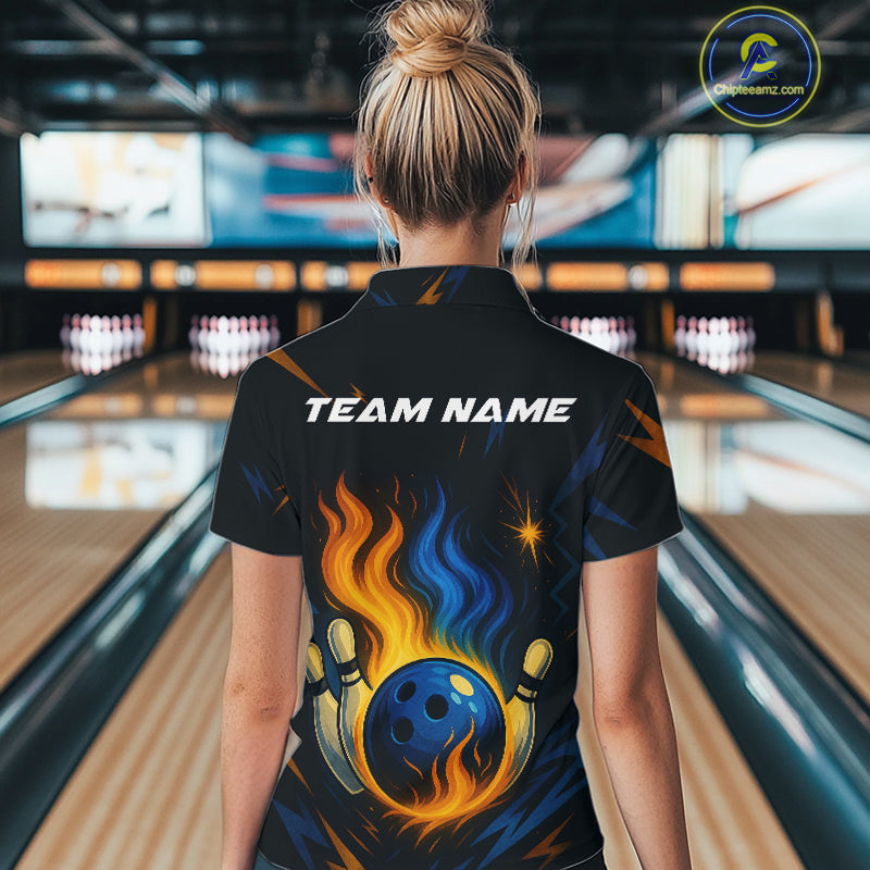 Blue and Yellow Flame Bowling shirts for Women custom bowling team jerseys for ladies bowler NQS10262