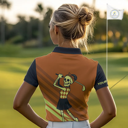 Funny argyle pattern Skull Women Golf Polo Shirt Custom ladies golf attire, cool golf gift | Orange NQS10656