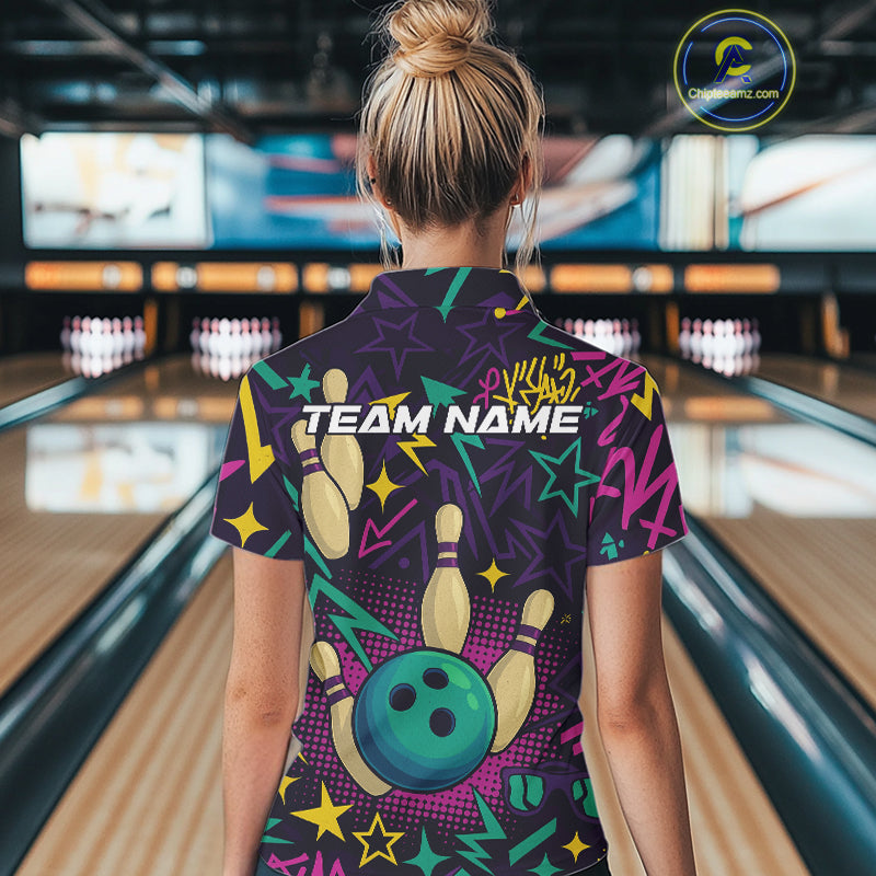 Custom purple graffiti pattern funny Bowling shirts for Women, bowling team league jerseys with Name NQS10270