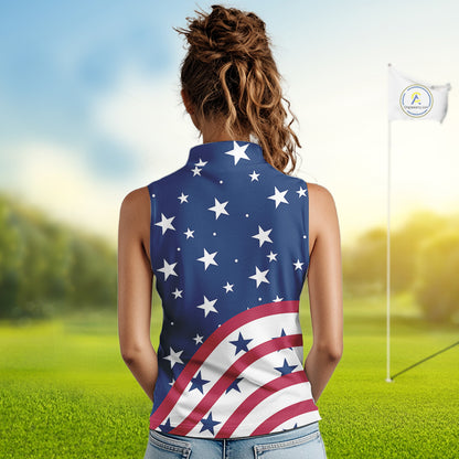 Red, White & Blue stars pattern Women sleeveless polos Custom American Flag patriotic ladies golf top NQS10138