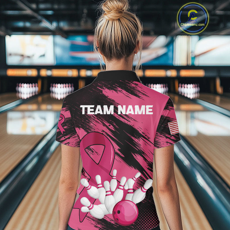 Black and Pink ribbon Bowling shirts for Women Custom breast cancer American flag bowling team jersey NQS10141