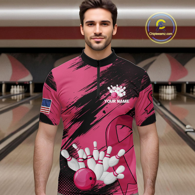 Black and Pink ribbon Bowling shirts for Men Custom breast cancer American flag bowling team jersey NQS10141