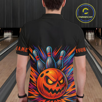 Funny Orange and Black Pumpkin Halloween Bowling Polo, 1/4 Zip Shirts For Men, Bowling Team Jersey NQS10470