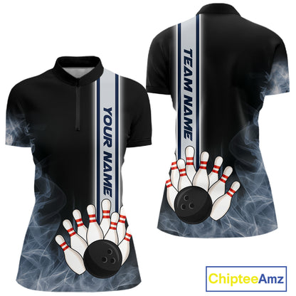 Black Smoke Bowling Polo, Quarter Zip Shirts For Women Custom Team Bowling Tournament Jerseys NQS10681