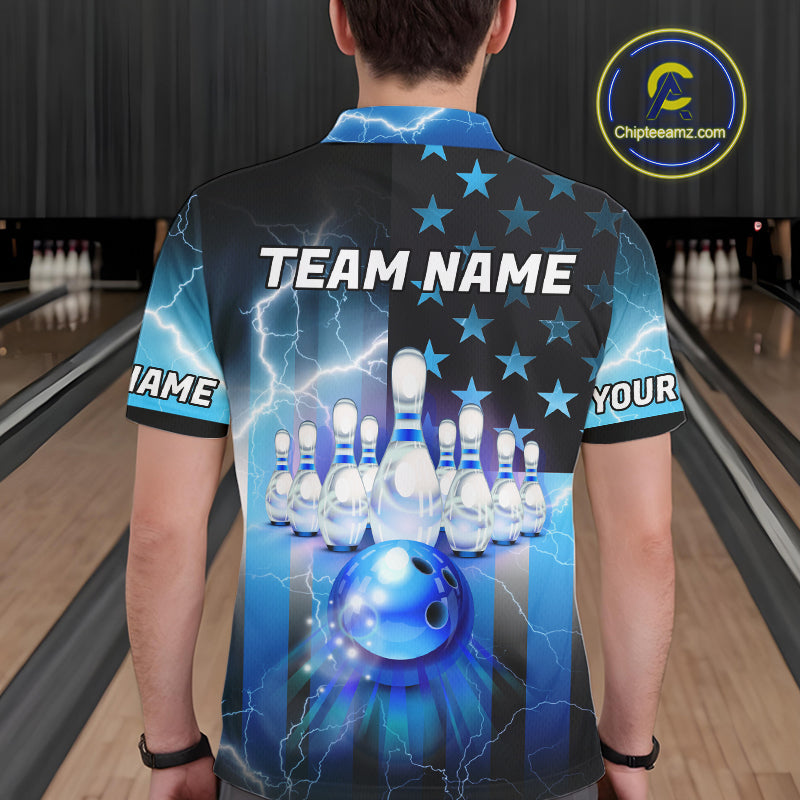 Blue lightning thunder American flag Bowling shirts for Men Custom patriotic bowling team jersey NQS10148