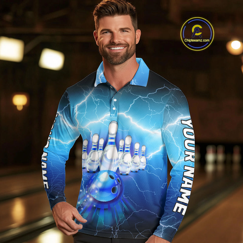 Blue lightning thunder American flag Bowling shirts for Men Custom patriotic bowling team jersey NQS10148