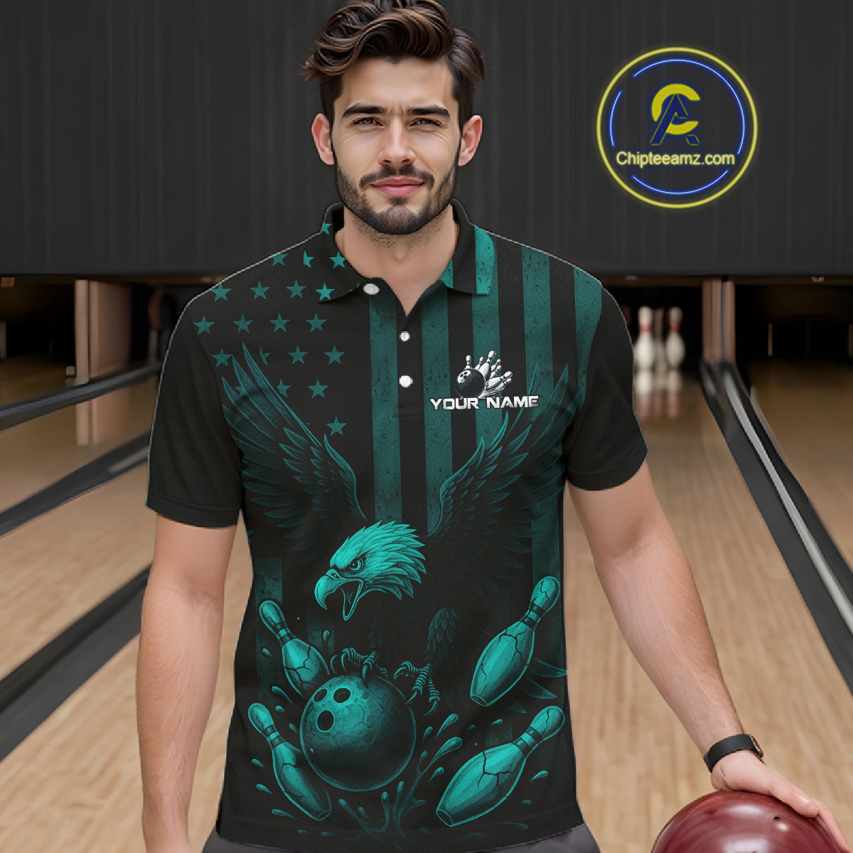 Black and Cyan Blue American Flag Eagle Bowling Shirt For Mens Custom Patriotic Team bowling jerseys NQS10478