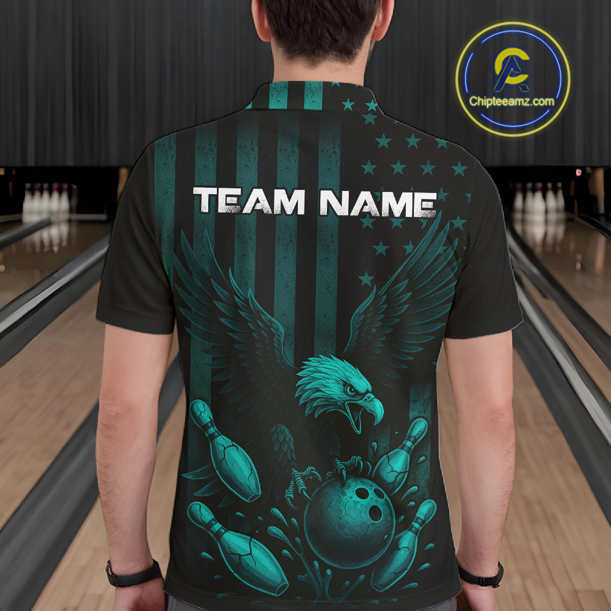 Black and Cyan Blue American Flag Eagle Bowling Shirt For Mens Custom Patriotic Team bowling jerseys NQS10478