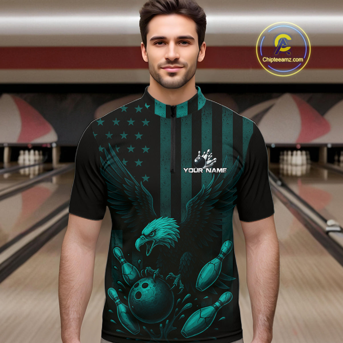 Black and Cyan Blue American Flag Eagle Bowling Shirt For Mens Custom Patriotic Team bowling jerseys NQS10478