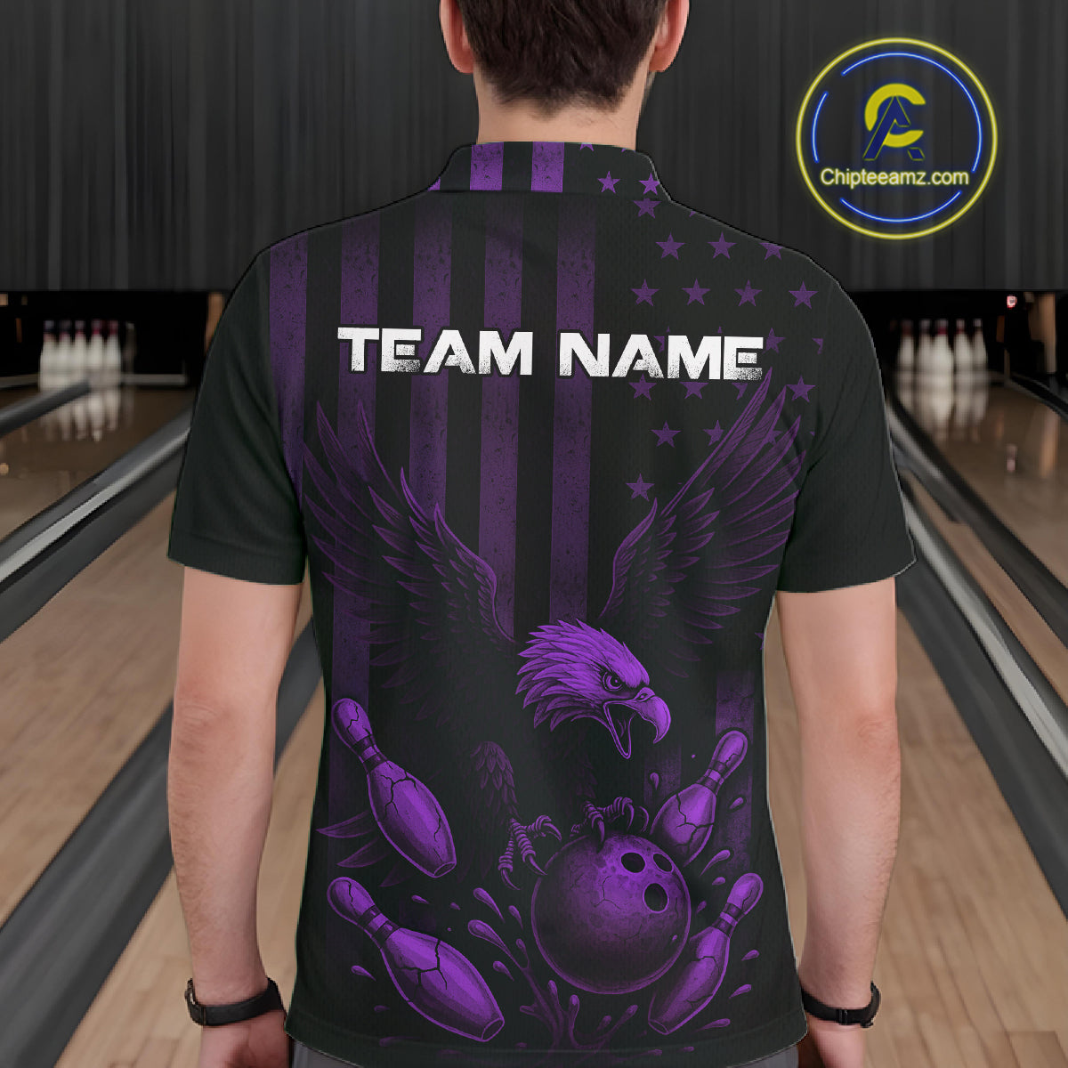 Black and Purple American Flag Eagle Bowling Shirt For Mens Custom Patriotic Team bowling jerseys NQS10479