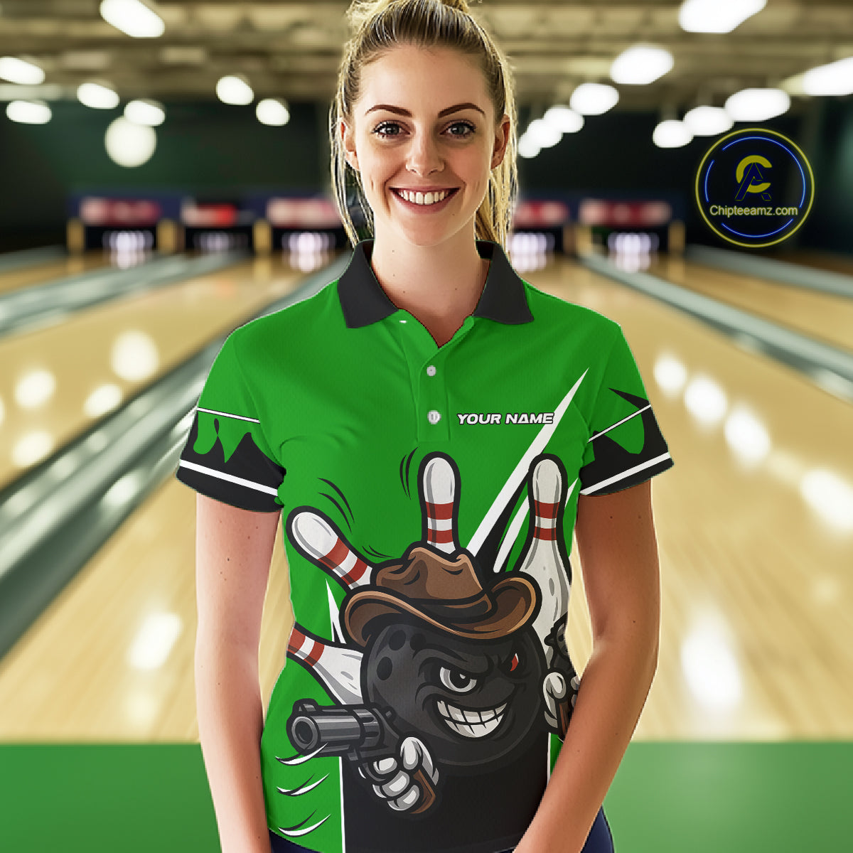 Funny Cowboy gun bowling ball and pins Bowling shirt for Women Custom bowling team jersey | Green NQS10691
