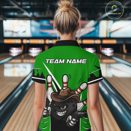 Funny Cowboy gun bowling ball and pins Bowling shirt for Women Custom bowling team jersey | Green NQS10691