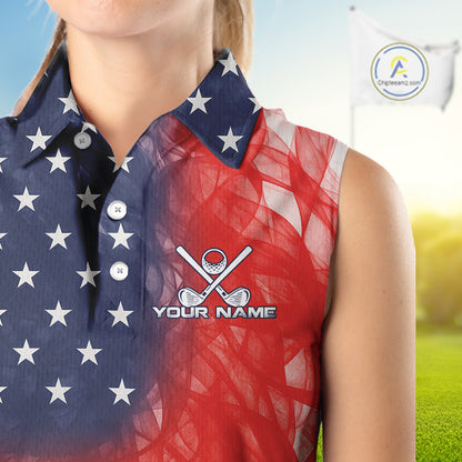 Custom Smoke American Flag Patriotic Golf Sleeveless Polo Shirt, Personalized Ladies Golf top NQS10497