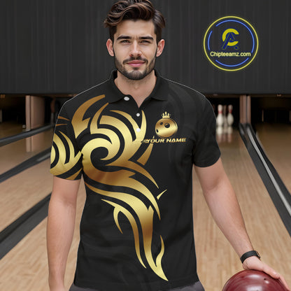 Black and Gold crown Bowling ball Polo, Quarter Zip Shirts for Men Custom Bowling Team jerseys NQS10499