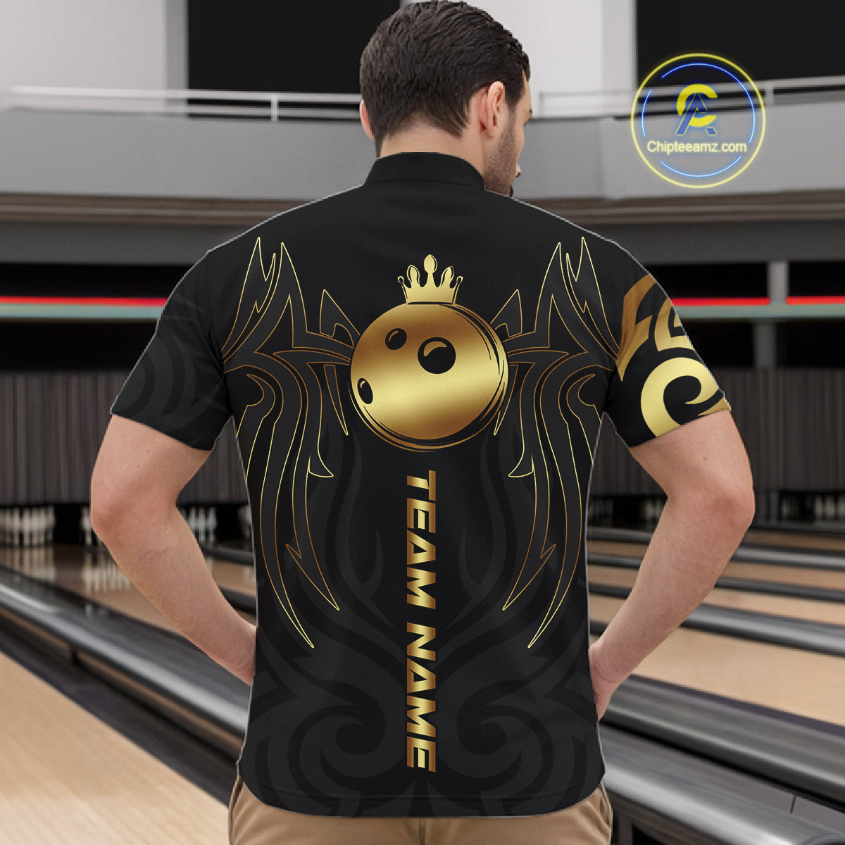Black and Gold crown Bowling ball Polo, Quarter Zip Shirts for Men Custom Bowling Team jerseys NQS10499