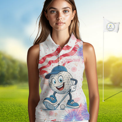 Funny Golf Ball Watercolor red, white and blue Sleeveless Polo Shirt custom patriotic fun golf shirts NQS10293