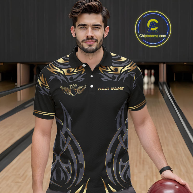 Personalized Black And Gold tribal pattern Bowling Shirts For Men, angel wings Bowling Team jerseys NQS10298