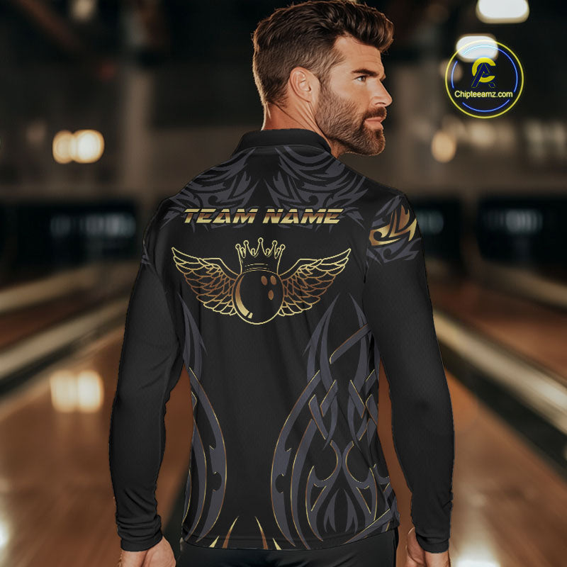 Personalized Black And Gold tribal pattern Bowling Shirts For Men, angel wings Bowling Team jerseys NQS10298