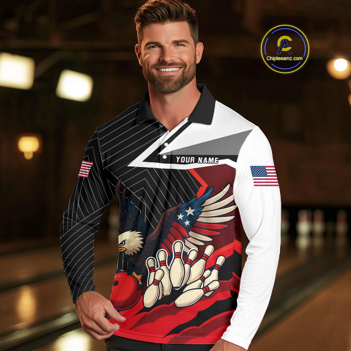 Black and Red American Flag Eagle Bowling Shirts for Men Custom patriotic Team Bowling League Jersey NQS10517