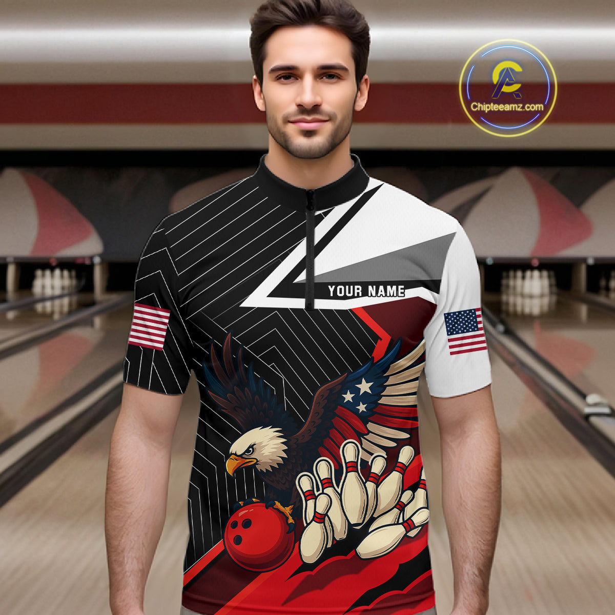 Black and Red American Flag Eagle Bowling Shirts for Men Custom patriotic Team Bowling League Jersey NQS10517