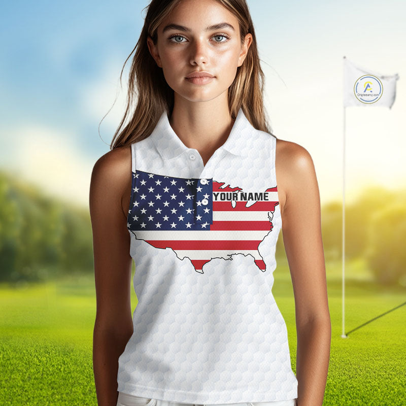 Personalized American Flag Women sleeveless polo shirt Custom Patriotic Golf outfit For ladies NQS10183