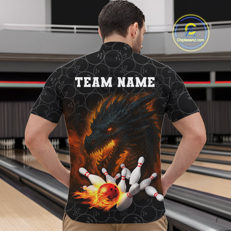 Custom Black Camo Flame Dragon Bowling Team Shirts For Men, Bowling Uniform gift for bowlers NQS10320