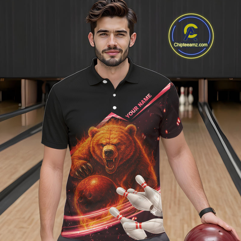 Custom Flame Bear Bowling Team Polo, Quarter zip Shirts For Men, Team Bowling Uniform NQS10321