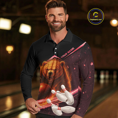Custom Flame Bear Bowling Team Polo, Quarter zip Shirts For Men, Team Bowling Uniform NQS10321