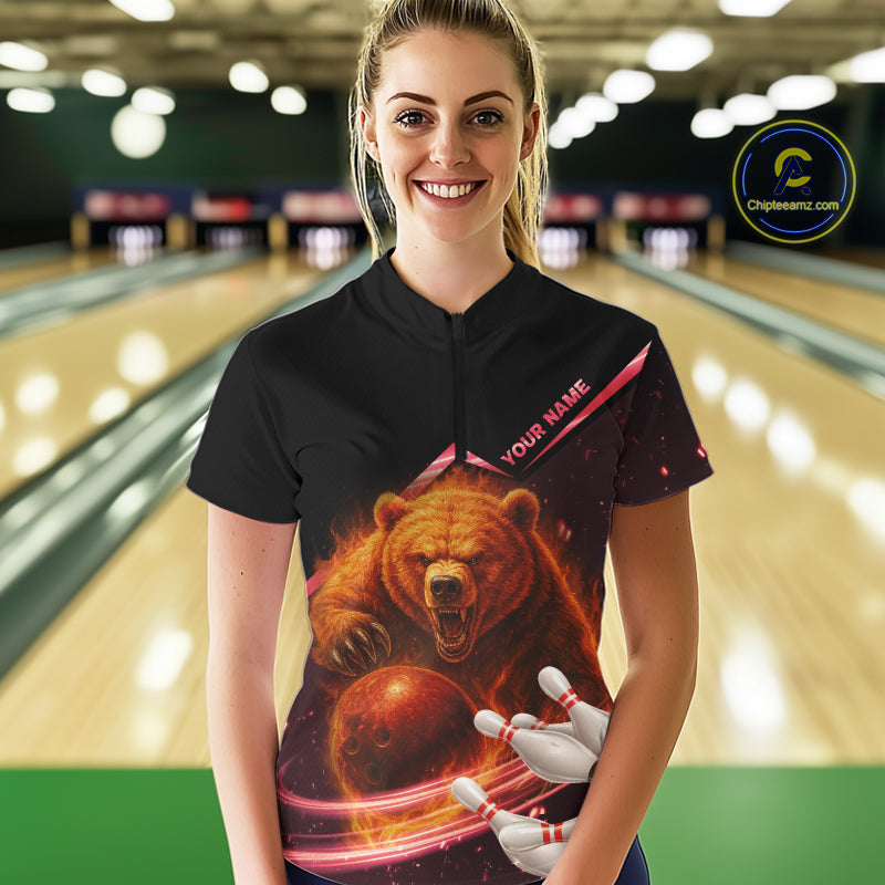 Custom Flame Bear Bowling Team Polo, Quarter zip Shirts For Women, Team Bowling Uniform NQS10321