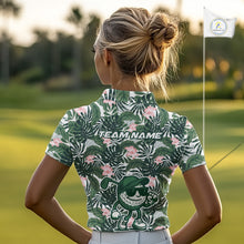 Load image into Gallery viewer, Green tropical leaf pattern pink flower funny Golf polo shirts for Women Custom ladies golf outfits NQS10023