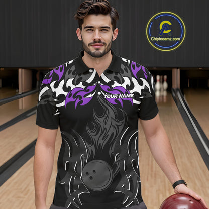 Black and Purple Flame Bowling Polo, Quarter Zip shirt for men Custom Team bowling jersey bowler gift NQS10535