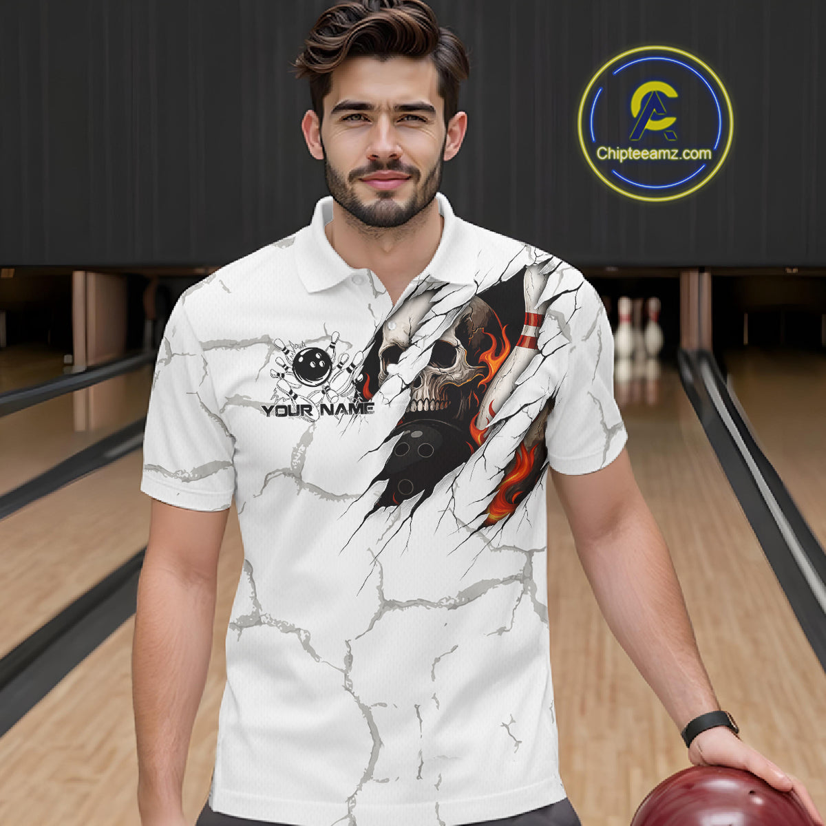 Personalized White Grunge Flame Skull Bowling shirts for men Custom Team Bowling League Shirts NQS10536