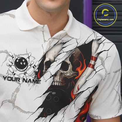 Personalized White Grunge Flame Skull Bowling shirts for men Custom Team Bowling League Shirts NQS10536