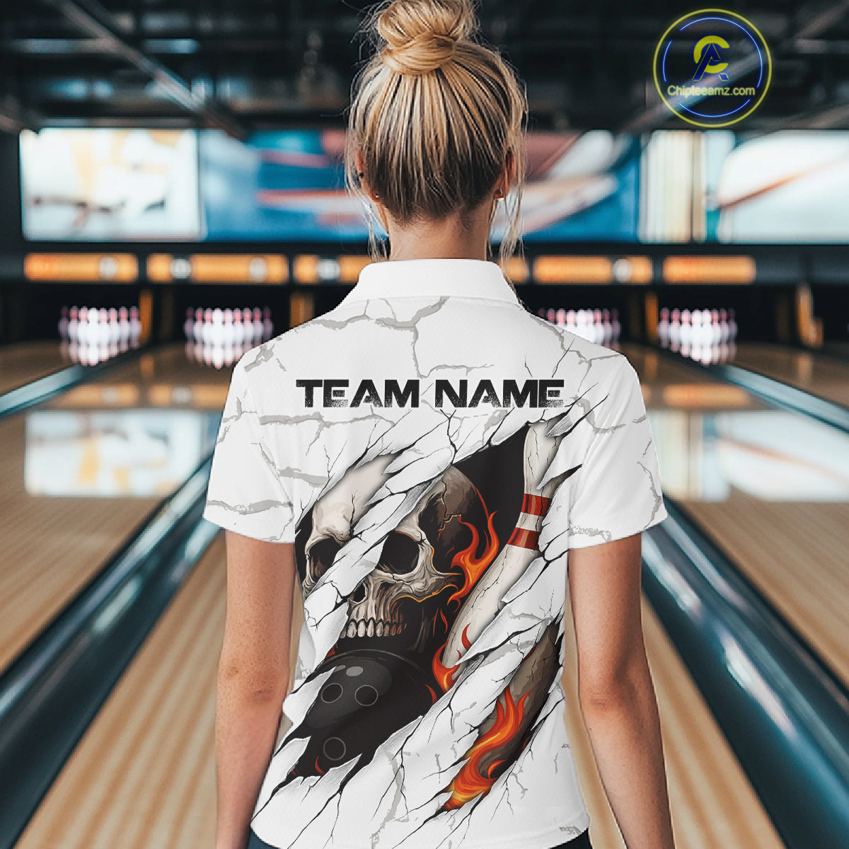 Personalized White Grunge Flame Skull Bowling shirts for Women Custom Team Bowling League Shirts NQS10536