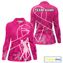 Load image into Gallery viewer, Pink ribbon pattern breast cancer awareness Women golf polo shirt Custom team Golf attire For ladies NQS10189